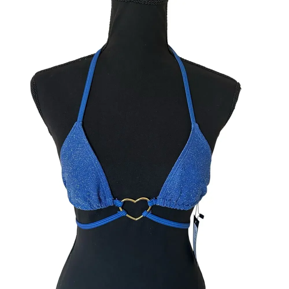 PrettyLittleThing Blue Heart Trim Glitter Bikini Top US Size 0 - NWT